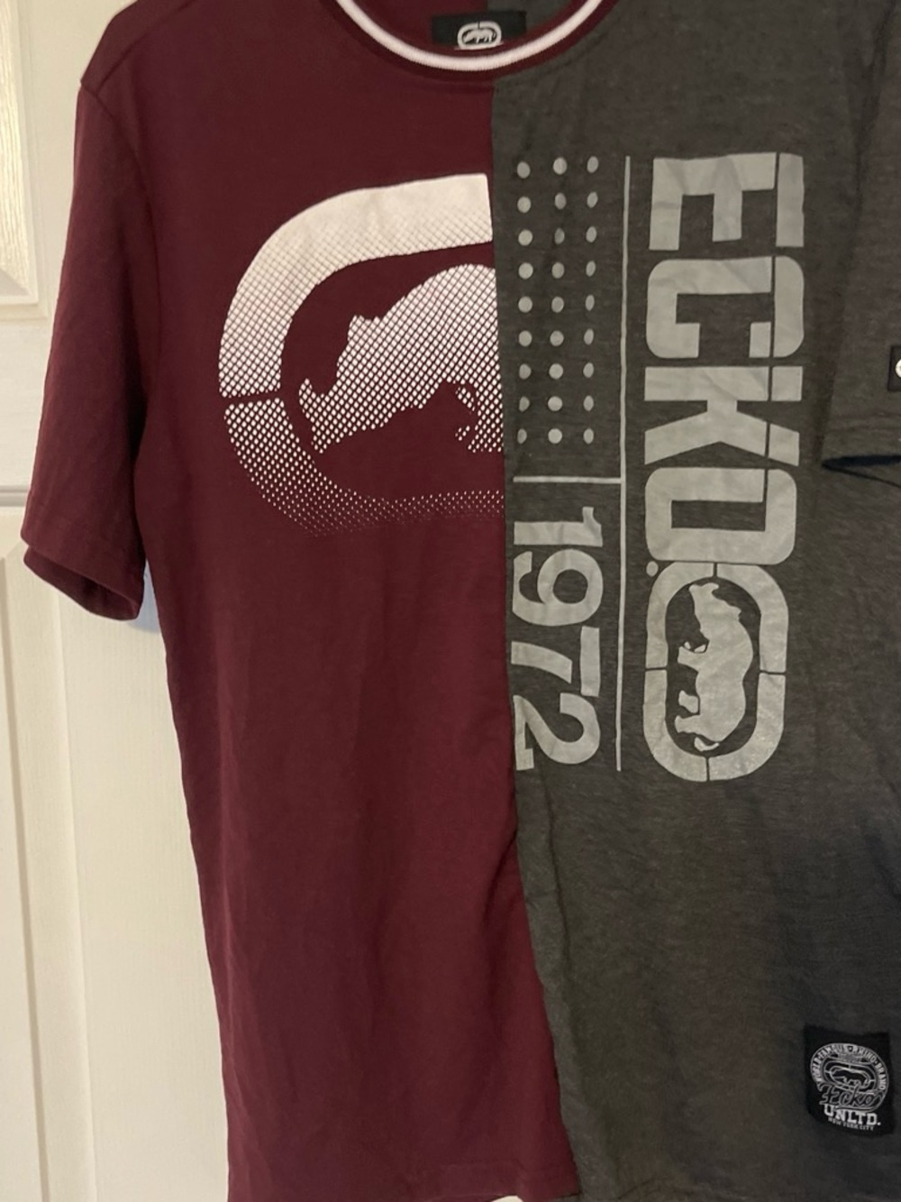 Ecko Unlimited Maroon and Gray Split Graphic Short-Sleeve Tee